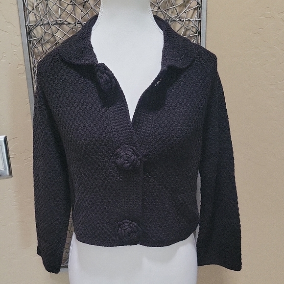 Nine West Black Rosette Snap Front Cropped Cardigan - Picture 1 of 6